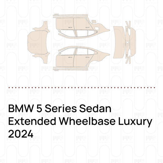 Pre-cut PPF pattern set for the BMW 5 Series Sedan Extended Wheelbase Luxury 2024: outlines of every film piece in the kit.