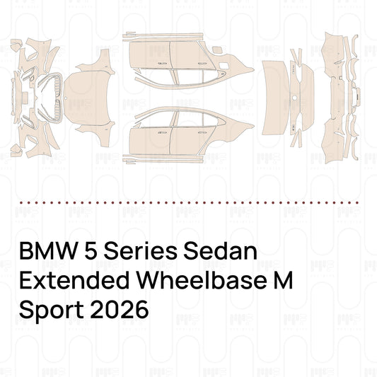 Pre-cut PPF pattern set for the BMW 5 Series Sedan Extended Wheelbase M Sport 2026: outlines of every film piece in the kit.