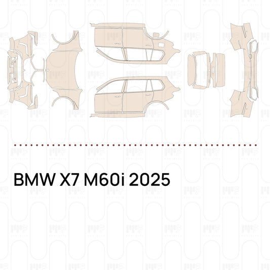 Pre-cut PPF pattern set for the BMW X7 M60i 2025: outlines of every film piece in the kit.