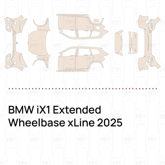 Pre-cut PPF pattern set for the BMW iX1 Extended Wheelbase xLine 2025: outlines of every film piece in the kit.
