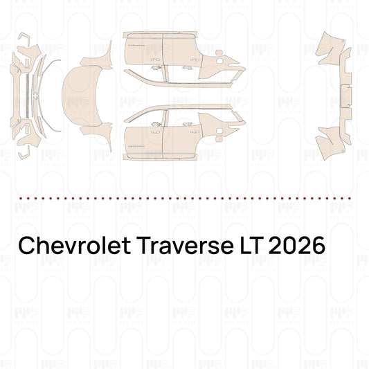 Pre-cut PPF pattern set for the Chevrolet Traverse LT 2026: outlines of every film piece in the kit.