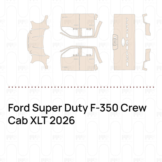 Pre-cut PPF pattern set for the Ford Super Duty F-350 Crew Cab XLT 2026: outlines of every film piece in the kit.
