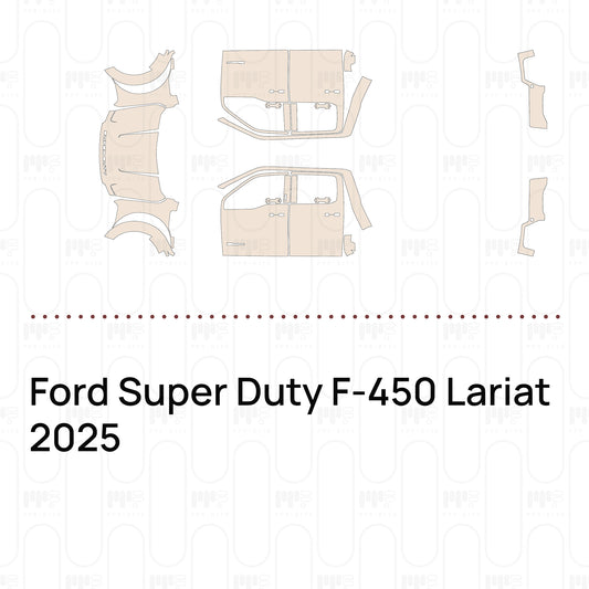 Pre-cut PPF pattern set for the Ford Super Duty F-450 Lariat 2025: outlines of every film piece in the kit.