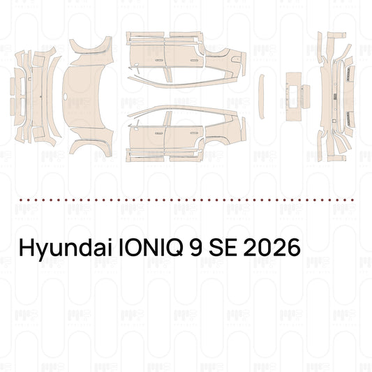 Pre-cut PPF pattern set for the Hyundai IONIQ 9 SE 2026: outlines of every film piece in the kit.