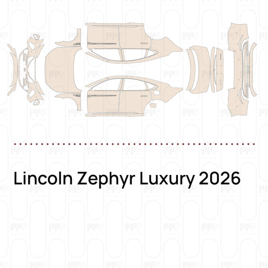 Pre-cut PPF pattern set for the Lincoln Zephyr Luxury 2026: outlines of every film piece in the kit.
