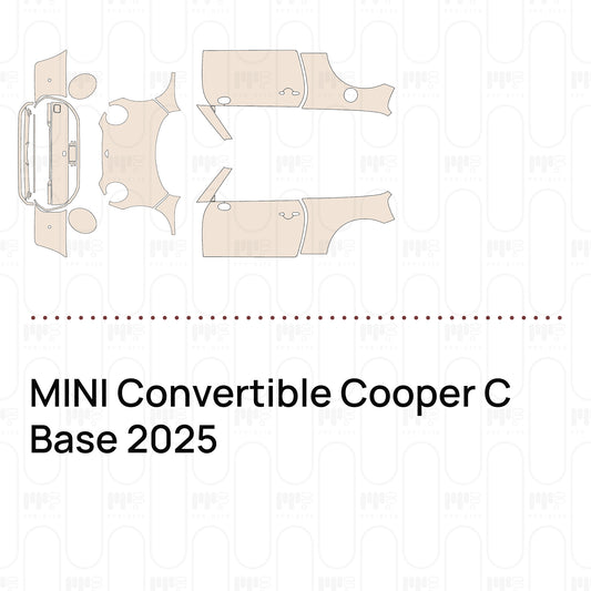 Pre-cut PPF pattern set for the MINI Convertible Cooper C Base 2025: outlines of every film piece in the kit.