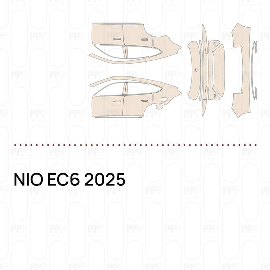 Pre-cut PPF pattern set for the NIO EC6 2025: outlines of every film piece in the kit.