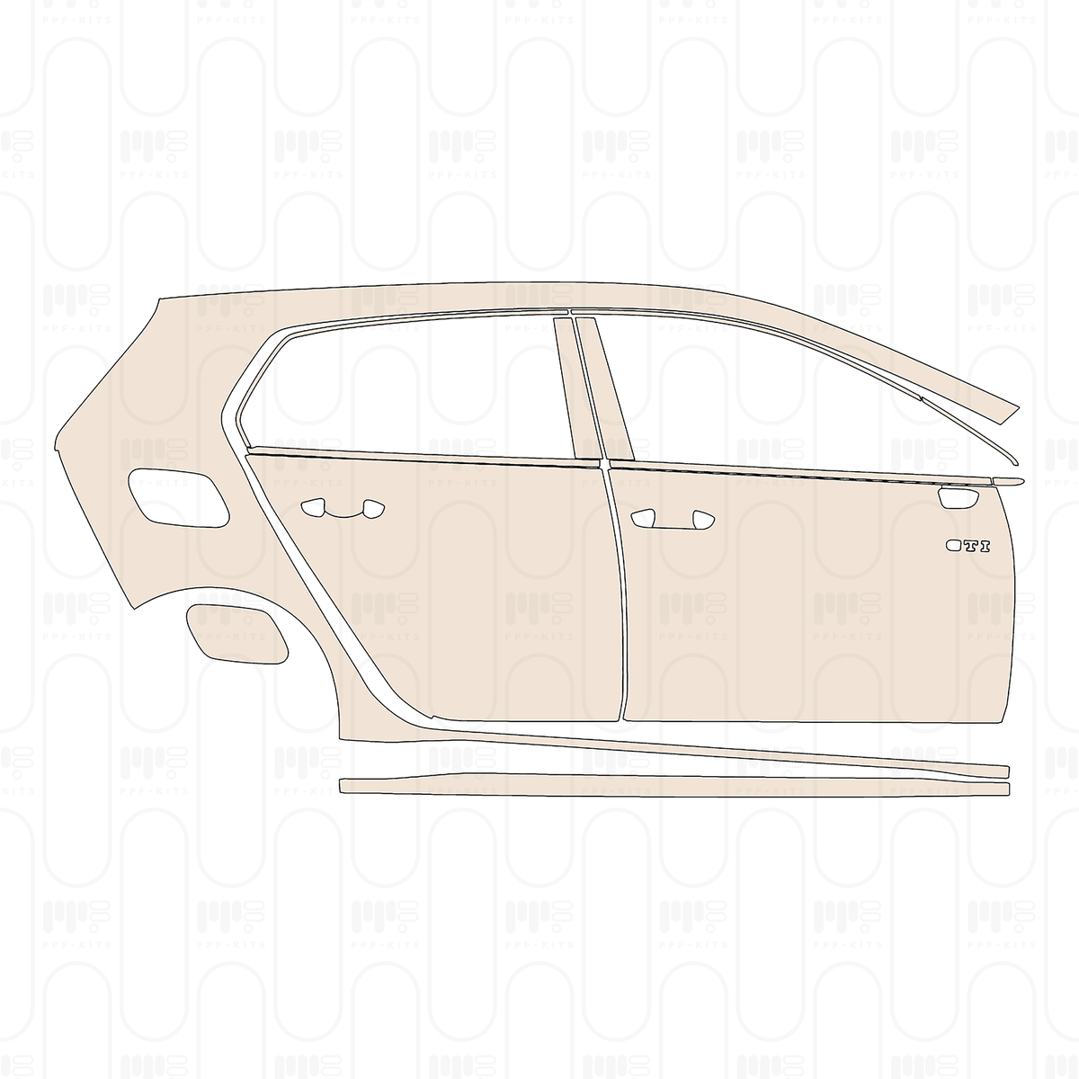 (right) Door+Side Skirt+Rear Fender without GTI Performance Package, with "GTI" Emblem on front door