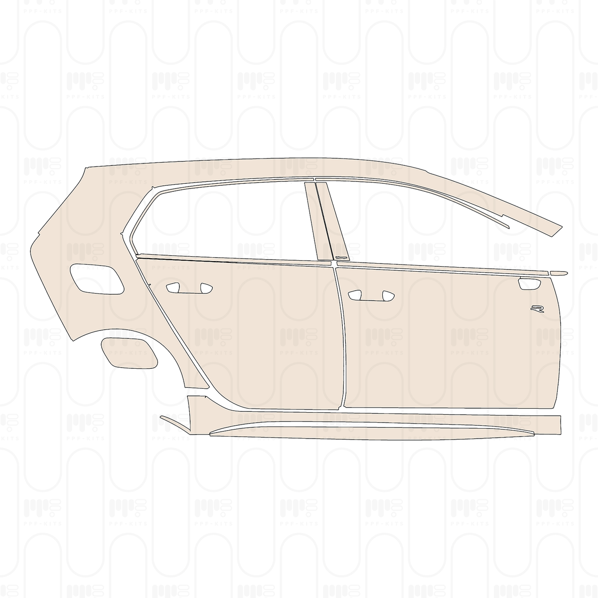 (right) Door+Side Skirt+Rear Fender without R Performance pack, with "R" Emblem on front door