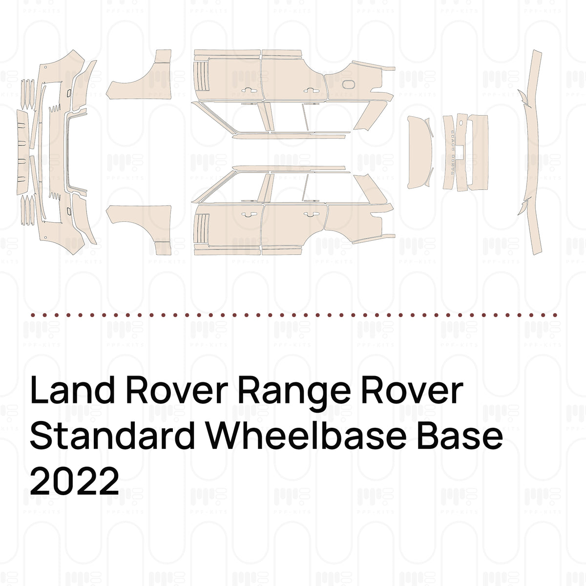 Pre-cut PPF pattern set for the Land Rover Range Rover Standard Wheelbase Base 2022: outlines of every film piece in the kit.