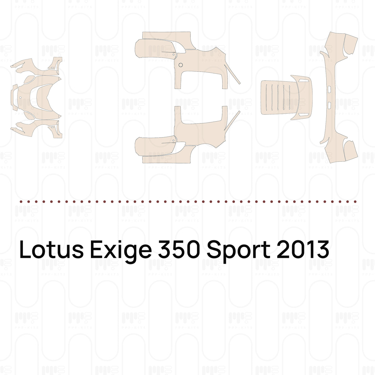 Pre-cut PPF pattern set for the Lotus Exige 350 Sport 2013: outlines of every film piece in the kit.
