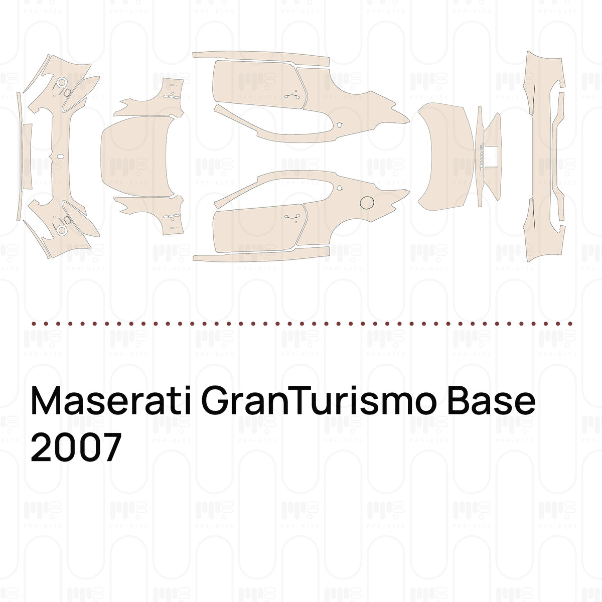 Pre-cut PPF pattern set for the Maserati GranTurismo Base 2007: outlines of every film piece in the kit.