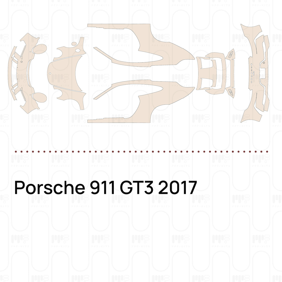 Pre-cut PPF pattern set for the Porsche 911 GT3 2017: outlines of every film piece in the kit.