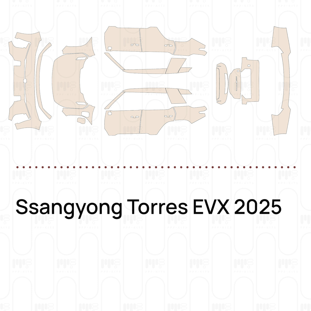 Pre-cut PPF pattern set for the Ssangyong Torres EVX 2025: outlines of every film piece in the kit.